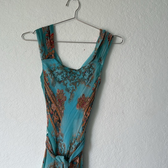 Teal, gold patterned belted silk cocktail dress.   Jones of NY. Never worn 💙🤎 - Picture 3 of 9